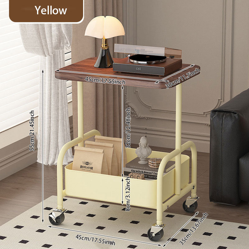 Walnut Wood Iron Frame Side Table – 360° Swivel Casters for Easy Move