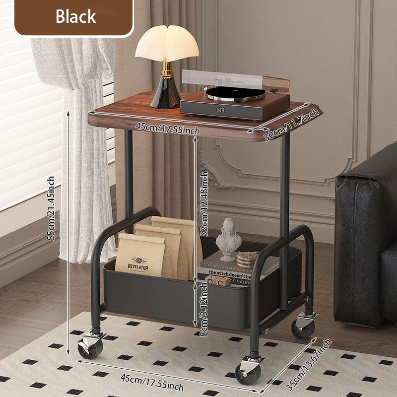 Walnut Wood Iron Frame Side Table – 360° Swivel Casters for Easy Move