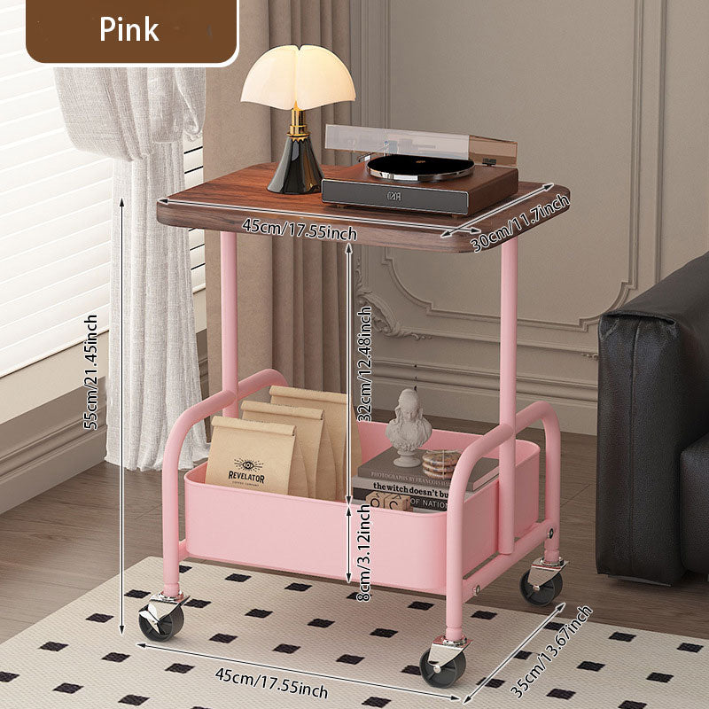 Walnut Wood Iron Frame Side Table – 360° Swivel Casters for Easy Move