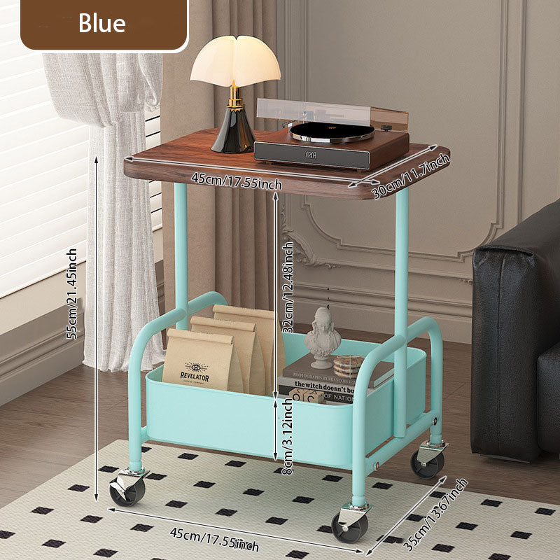 Walnut Wood Iron Frame Side Table – 360° Swivel Casters for Easy Move
