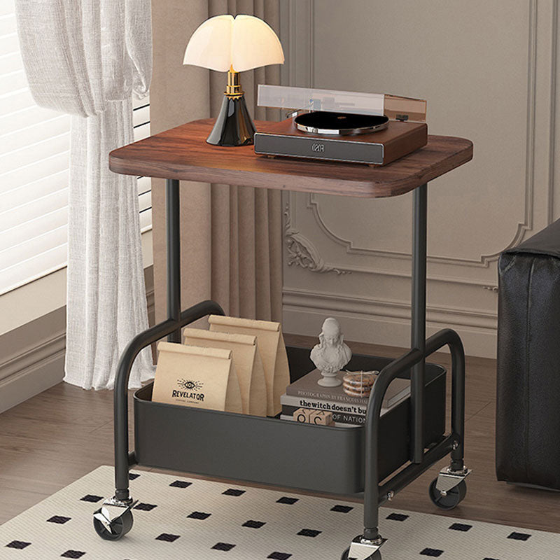Walnut Wood Iron Frame Side Table – 360° Swivel Casters for Easy Move