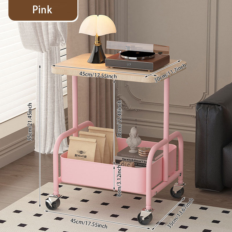 Walnut Wood Iron Frame Side Table – 360° Swivel Casters for Easy Move